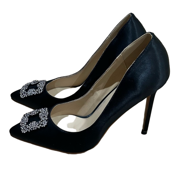 EKS black satin fabric bling accent dressy party wedding prom heels - Picture 1 of 8
